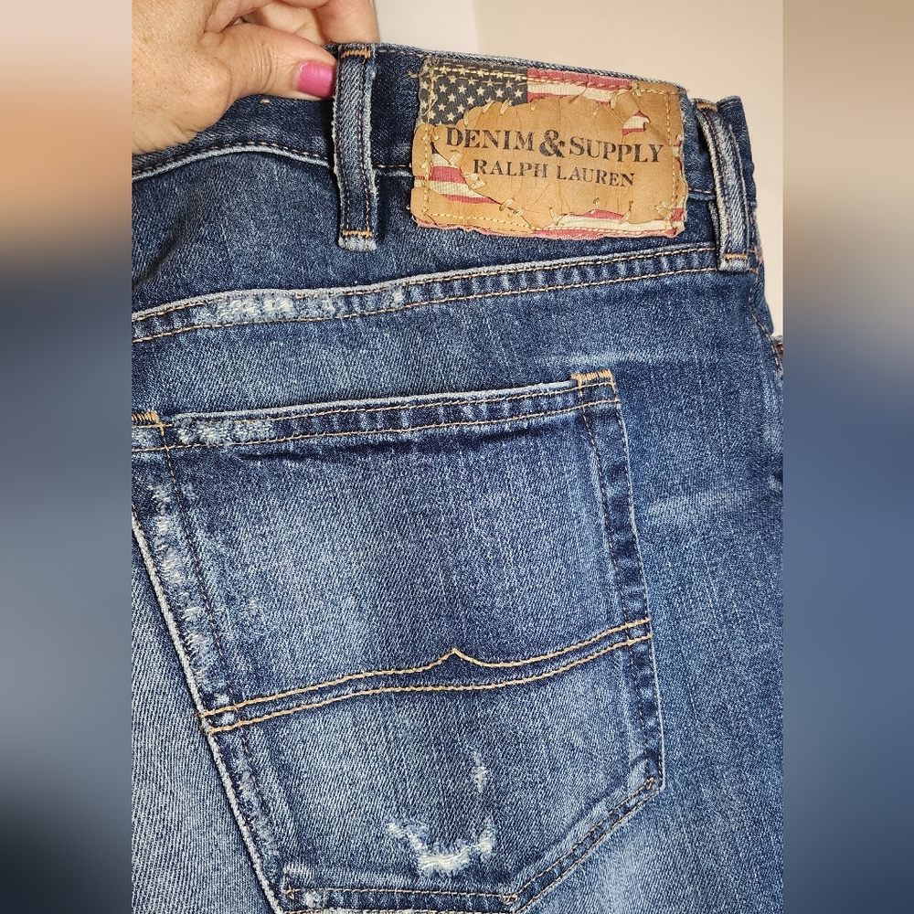 Ralph Lauren Jeans Men 38x32 Denim And Supply Slouch Whiskers Marble Flag Patch